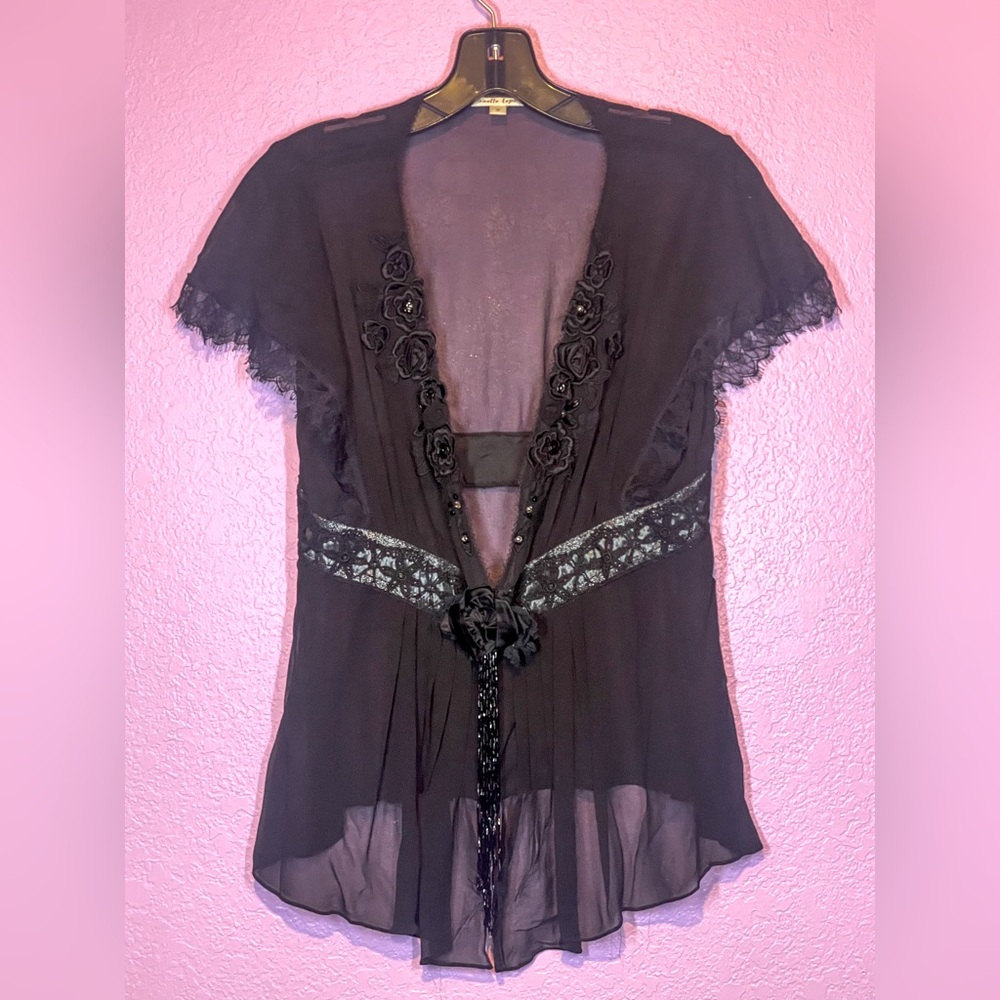🖤 Nanette Lepore sheer cardigan with beautiful beading and appliqué 🖤EUC Sz10